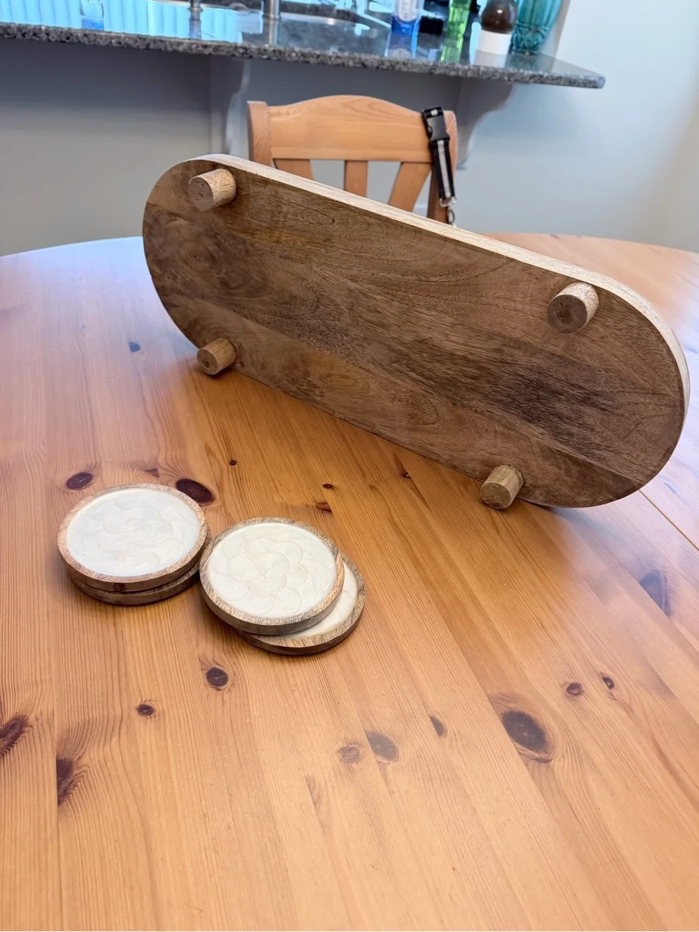 Wooden Elevated Tray with Ceramic Inlay - Cream with matching coasters
